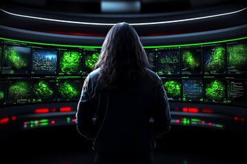 Poster - A person standing in front of a digital wall filled with failed project reports, with futuristic screens and advanced technology displaying their past mistakes