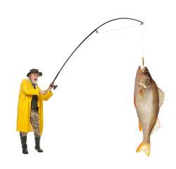 Sticker - Fisherman in yellow raincoat catching fish on white background