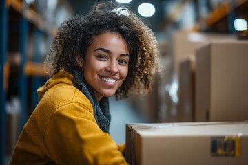 Happy young businesswoman preparing an online order for shipping in a warehouse, Generative AI