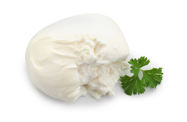 Wall Mural - Delicious burrata cheese and parsley isolated on white, top view