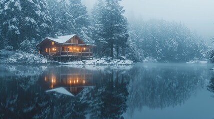 Poster - A cabin is surrounded by trees and a lake
