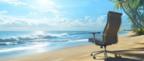 A serene beach view with an empty office chair and a Closed for Vacation sign, surrounded by palm trees and ocean waves under a bright blue sky