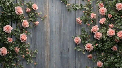 Wall Mural - Pink roses climbing on a rustic wooden fence with copy space.