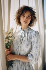 Poster - Small blue flowers dress fashion portrait blouse.