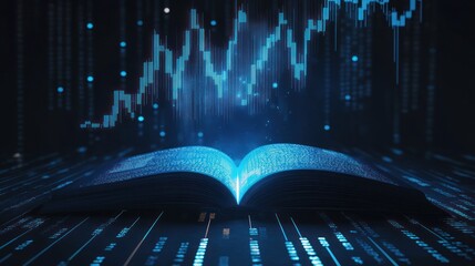 book with digital data visualization glowing art