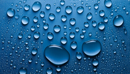 Poster - Water drops on blue background, above view