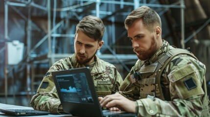Poster - Two men in military uniforms are looking at a laptop