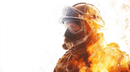 Double exposure image of a Middle Eastern male firefighter in full gear, flames faintly visible on a white background.