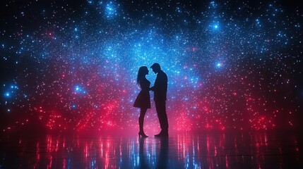 Wall Mural - cosmic romance: lovers silhouetted against a celestial dreamscape