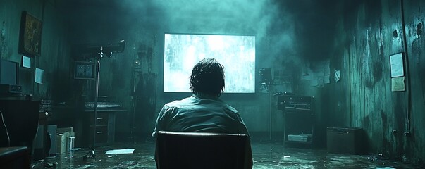 Wall Mural - A person sits in a dimly lit room, watching a screen with eerie visuals.