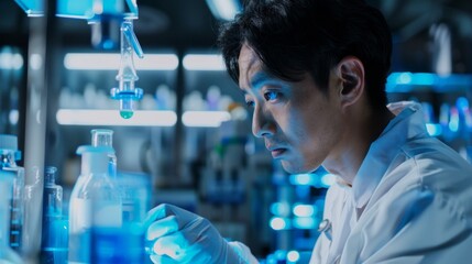 Poster - A man in a lab coat is looking at a beaker