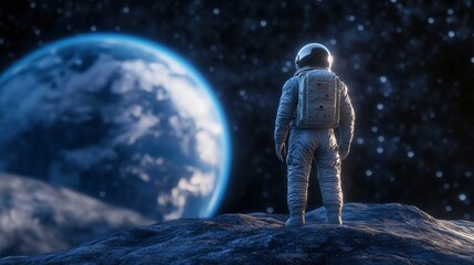 Wall Mural - an astronaut standing on the moon, with the earth in the background
