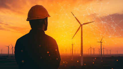 Silhouette of a wind turbine engineer with digital schematics and energy lines flowing through wind farm landscapes