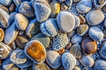 Poster - Close-up of frosted pebbles with intricate ice crystal details