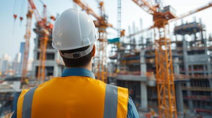 a construction engineer gazes up at a complex network of cranes and futuristic buildings, a vision o