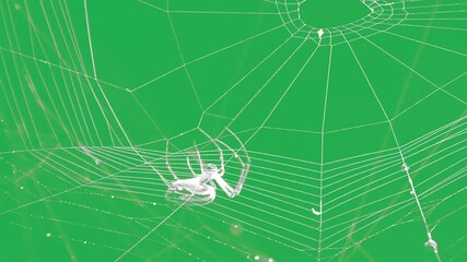 A spider weaving a web on a green screen.