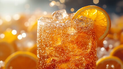 Close-up of a refreshing orange soda with ice cubes and an orange slice garnish, surrounded by orange slices and bokeh lights.