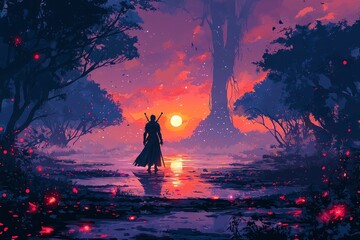 A lone figure with swords stands by a lake at dusk in a mystical forest.