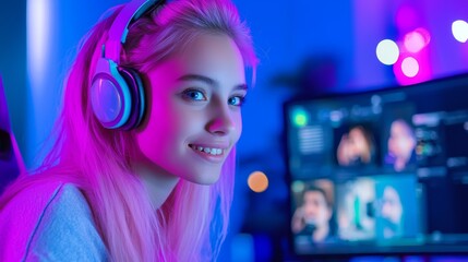 A young woman with neon pink hair wearing casual clothes, speaking into her headset during a virtual team meeting on her computer.