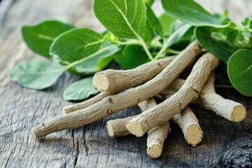 A bunch of herbs and roots are on a wooden table, generative ai image