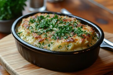 Wall Mural - Creamy Cheesy Potato Casserole Topped with Parsley in a Black Bowl