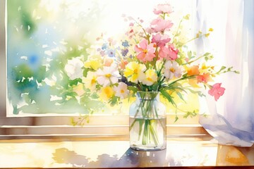 Wall Mural - Flower vase windowsill sunlight.