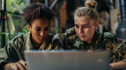 Poster - Two women in military uniforms are looking at a laptop