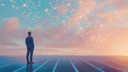 Engineer standing next to solar panels, combined with futuristic energy circuit lines and sunlight in double exposure