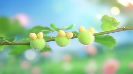 Sticker - Close Up of Fluffy Green Buds with Yellow Tips on a Branch