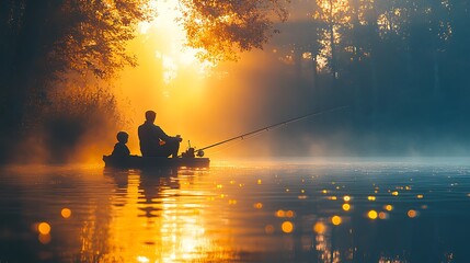 Sticker - A father and son silhouette fishing in a misty river at sunrise.