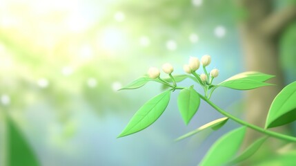 Poster - White Flower Buds on Green Branch in Sunlight