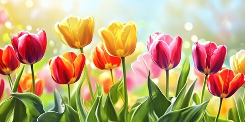 Wall Mural - A vibrant spring garden filled with colorful tulips in various shades. The bright flowers sway gently in the sunlight. This image captures the essence of spring and beauty. AI