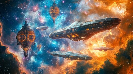 Spaceship Fleet Navigating Cosmic Nebula - Sci-Fi Artwork