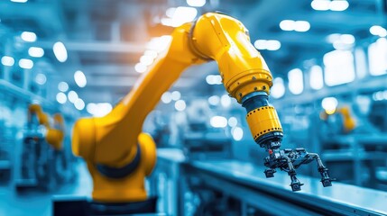 Poster - A close-up view of an industrial robotic arm working on an assembly line in a modern factory setting. Precision and automation.