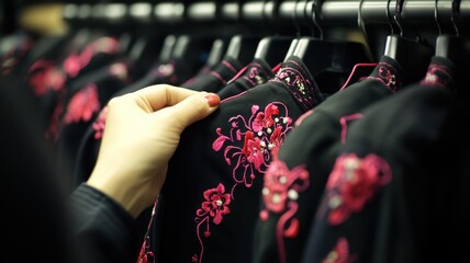 A woman is looking at a black jacket with pink flowers on it