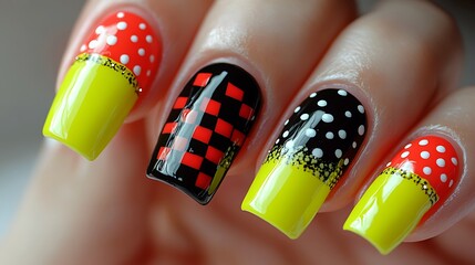 A close-up of neon yellow nails with contrasting black and red checkerboard patterns, highlighted by white dots. The glossy nails are set against a blurred grey background,