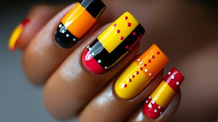 A close-up of neon yellow nails with contrasting black and red checkerboard patterns, highlighted by white dots. The glossy nails are set against a blurred grey background,