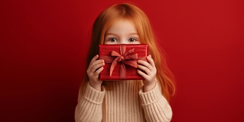 Wall Mural - A young girl is holding a red present in her hands. She is wearing a white sweater and has red hair. Concept of excitement and anticipation as the girl is about to open her gift