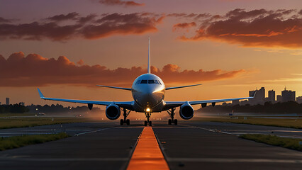 airplane landing at sunset