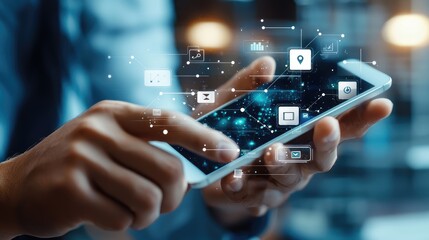 Poster - A person using a smartphone with digital icons floating around, representing connectivity and technology in modern communication.