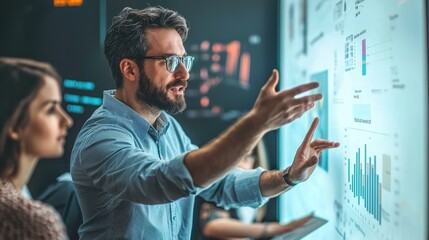 Poster - A professional explaining data insights using digital charts, showcasing teamwork and collaboration in a modern office environment.