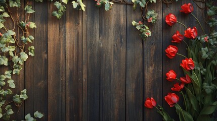 Sticker - Red Tulips and Ivy Bordering a Rustic Wooden Background.