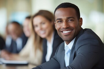 Happy businessman sitting in a meeting with his colleagues, Generative AI