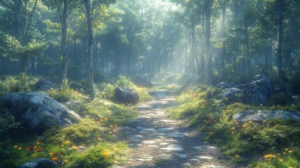 Poster - Serene forest path illuminated by soft sunlight and mist.