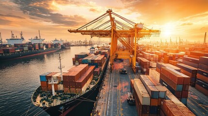 A stunning sunset view over a busy port, featuring towering cranes and colorful shipping containers lining the dock.