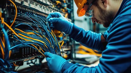 Poster - A technician carefully organizes cables in a server room, showcasing expertise in network maintenance and hardware management.