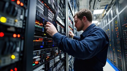 Poster - A technician manages data servers in a modern data center, ensuring optimal performance and security of information systems.