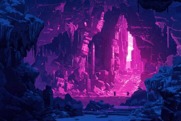 Wall Mural - Two Figures Standing in a Glowing Purple Cave Entrance