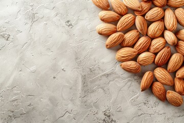 Almonds on gray background. Almond nut on light marble top view. Place for text. Nuts