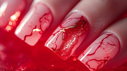 A detailed close-up of nails with red and white marble patterns, shimmering gold veins adding a dramatic touch. The nails have a glossy finish and are illuminated by bright light,